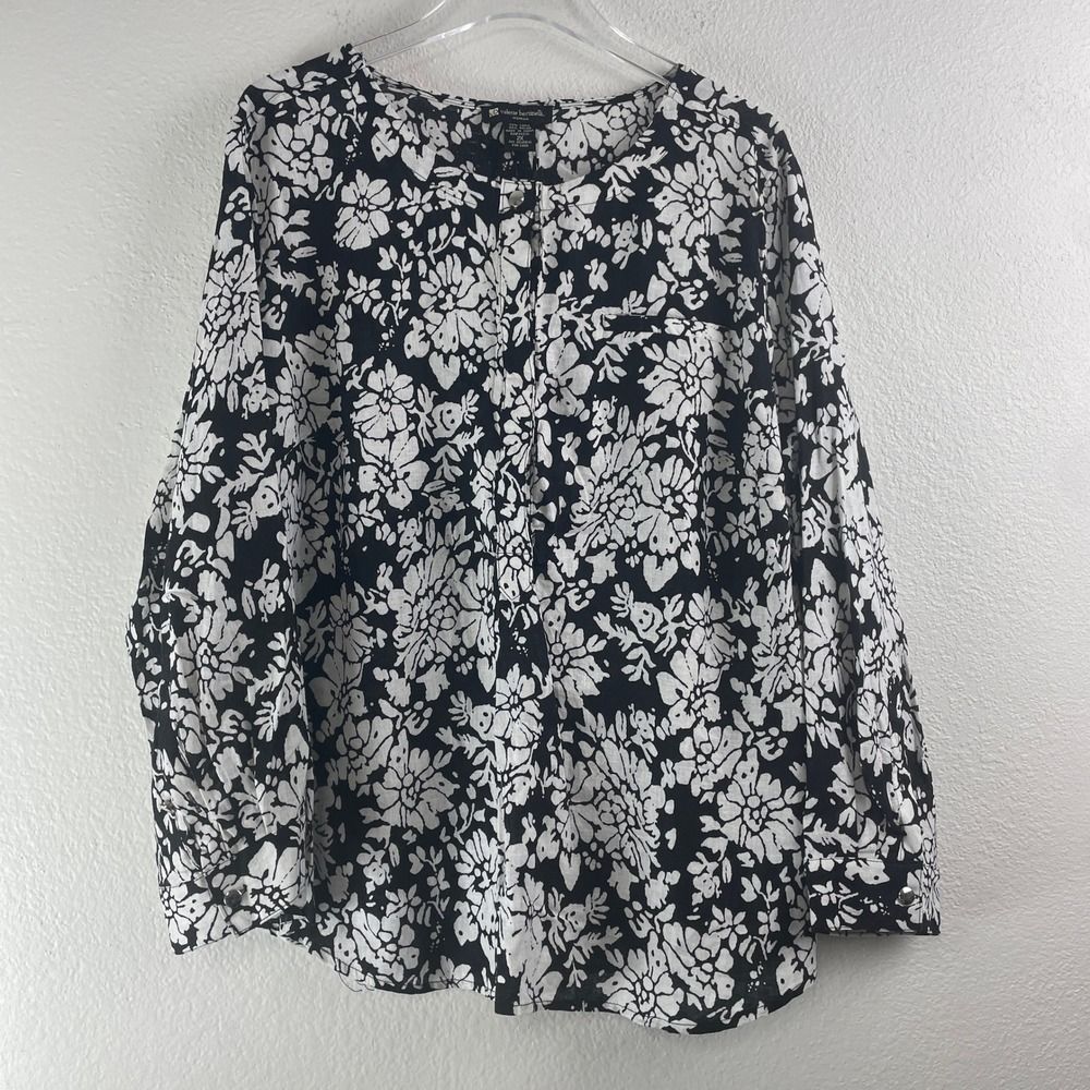 Valerie Bertinelli‎ Floral Button Up Blouse 2X Black White Linen Blend Boho NWT
